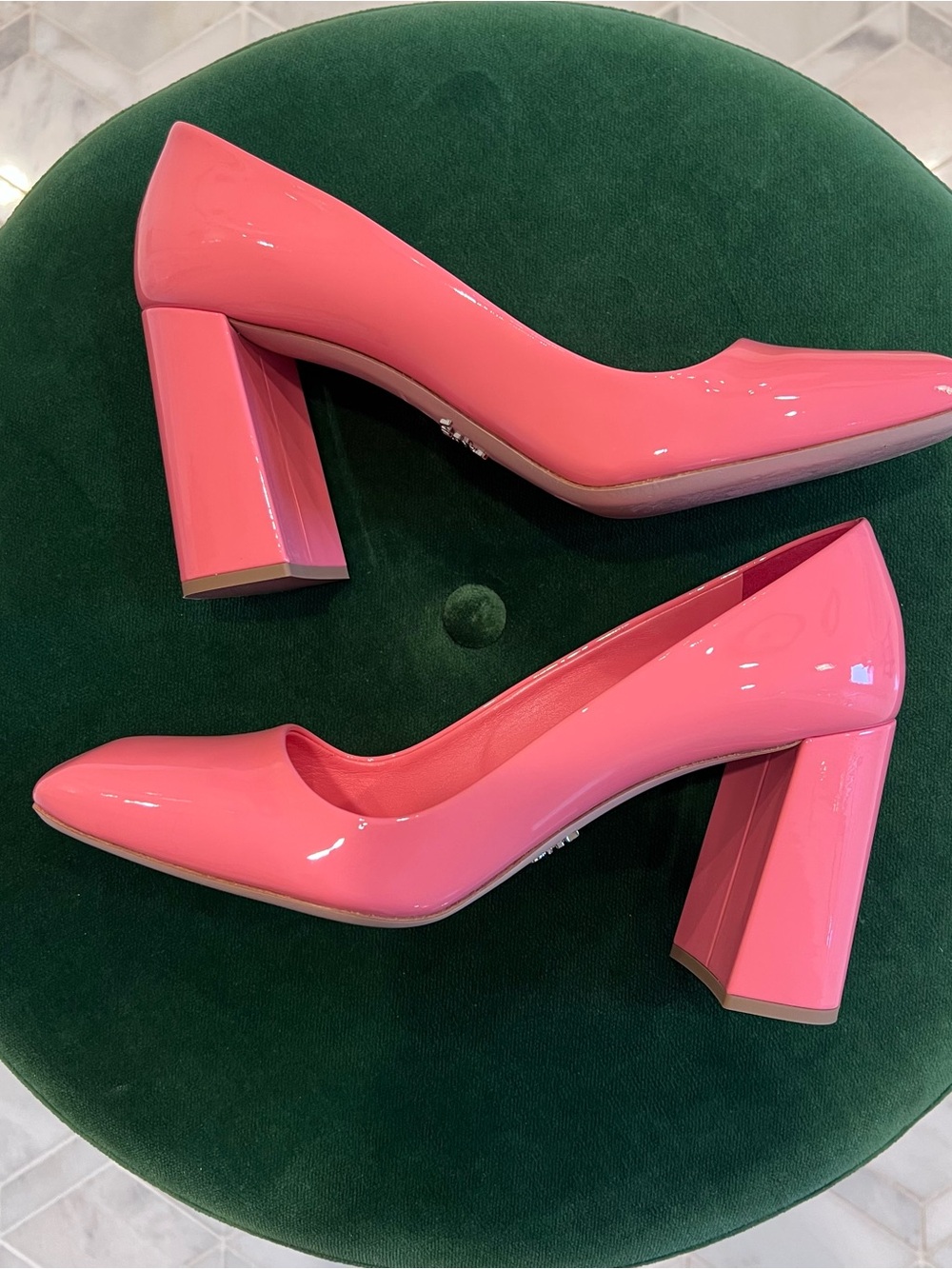 Prada Patent Block Leather Block Heel Pumps